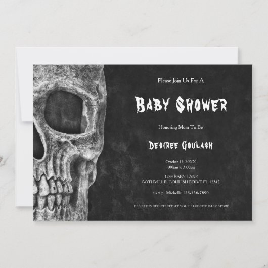 Gothic Half Skull Black Baby Shower Invitation Kaart (Voorkant)