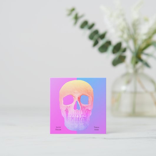 Gothic Half Skull Blue Roze Paars Tattoo Shop Vierkante Visitekaartje (Staand voorkant)