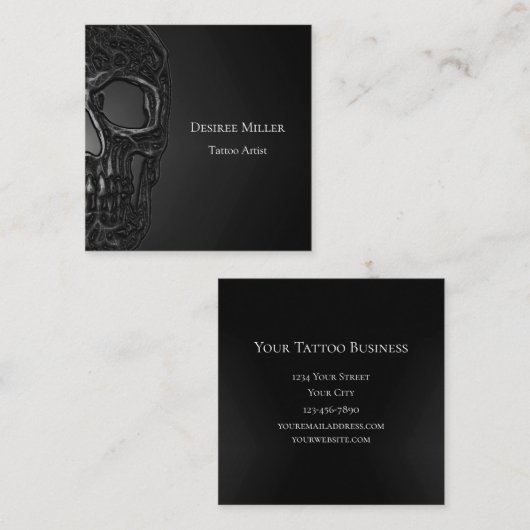Gothic Half Skull Cool Grey Metallic Tattoo Shop Vierkante Visitekaartje (Voorkant / Achterkant)
