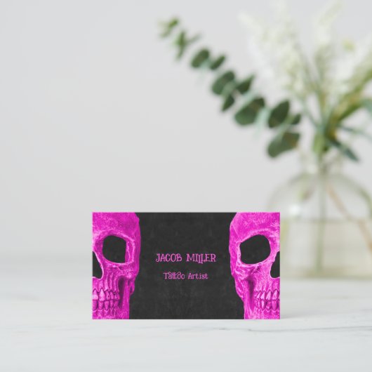 Gothic Half Skull Girly Roze Zwart Tattoo Shop Visitekaartje (Staand voorkant)