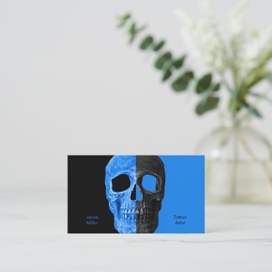 Gothic Half Skull Head Black Blue Tattoo Shop Visitekaartje (Staand voorkant)