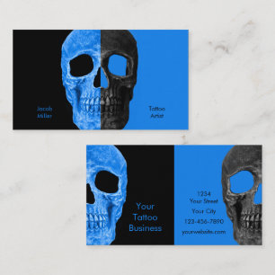 Gothic Half Skull Head Black Blue Tattoo Shop Visitekaartje