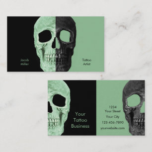 Gothic Half Skull Head Green Black Tattoo Shop Visitekaartje