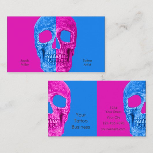 Gothic Half Skull Head Neon Blue Pink Tattoo Shop Visitekaartje (Voorkant / Achterkant)