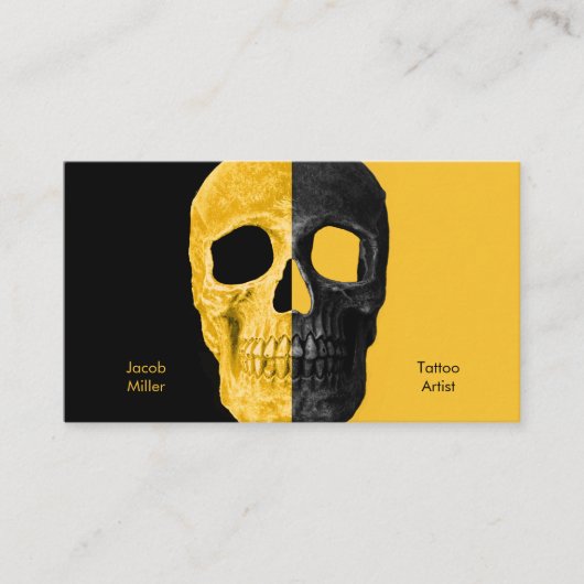 Gothic Half Skull Head Yellow Black Tattoo Shop Visitekaartje (Voorkant)