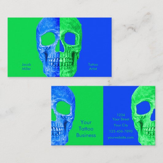 Gothic Half Skull Neon Green Blue Tattoo Shop Visitekaartje (Voorkant / Achterkant)