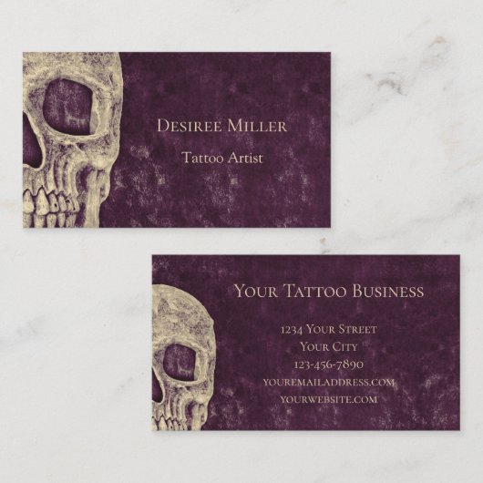 Gothic Half Skull Paars Beige Tattoo Artist Visitekaartje (Voorkant / Achterkant)