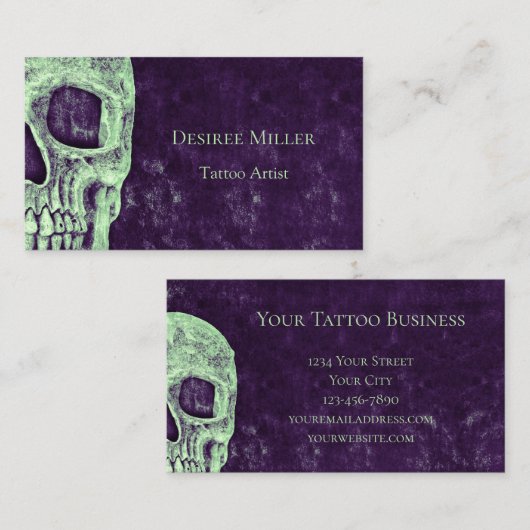 Gothic Half Skull Paars Green Tattoo Artist Visitekaartje (Voorkant / Achterkant)