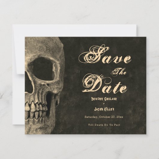 Gothic Half Skull Sepia Budget Save The Date (Voorkant)