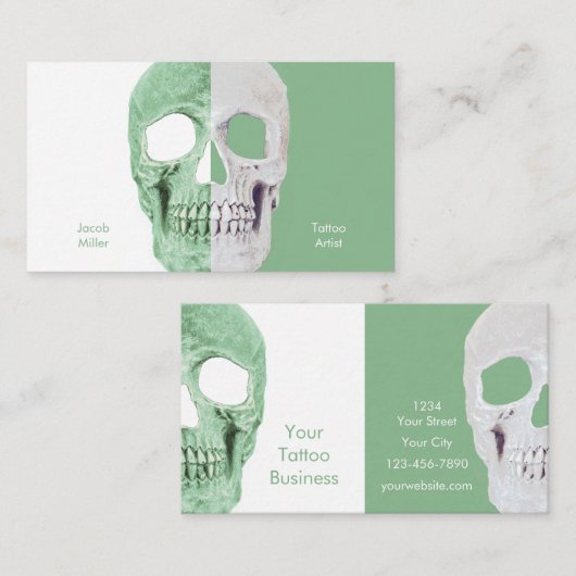 Gothic Half Skulls Pastel Green White Tattoo Shop Visitekaartje (Voorkant / Achterkant)
