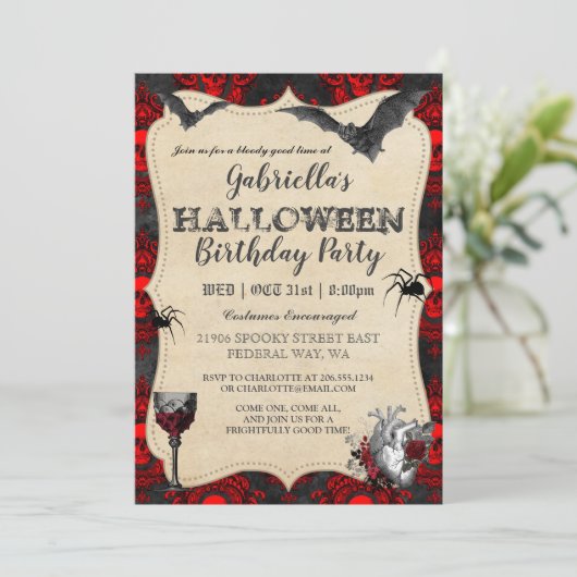 Gothic Halloween Birthday Party Invitation Kaart (Staand voorkant)