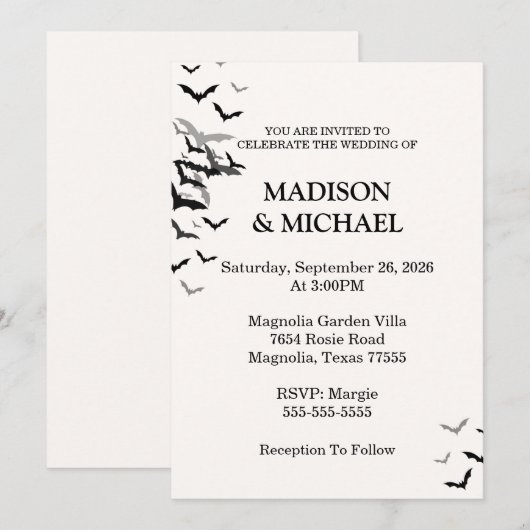 Gothic Halloween Black Bat Huwelijksuitnodiging Kaart (Voorkant / Achterkant)
