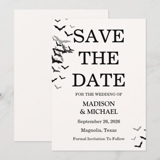 Gothic Halloween Black Bat Wedding Save The Date (Voorkant / Achterkant)