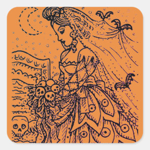 GOTHIC HALLOWEEN BRUID, VLEERMUIZEN, SLUIER, SCHED VIERKANTE STICKER