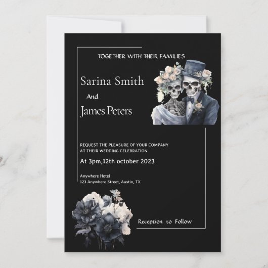 Gothic Halloween bruiloft uitnodiging zwart bloeme (Voorkant)
