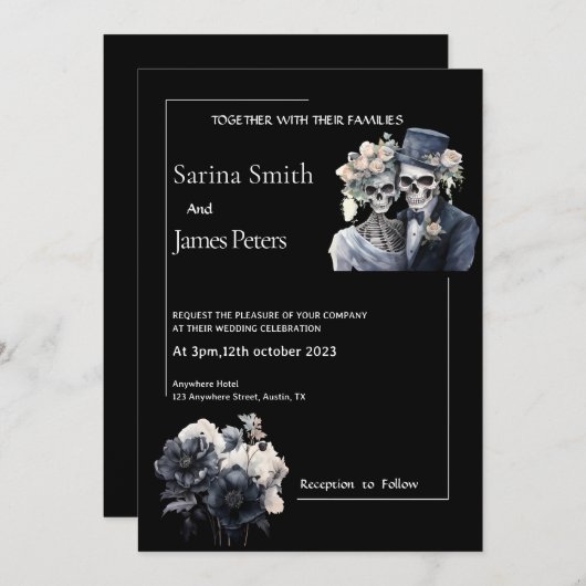 Gothic Halloween bruiloft uitnodiging zwart bloeme (Voorkant / Achterkant)