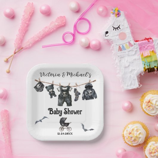 Gothic Halloween Clothesline Baby shower Papieren Bordje (Feest)