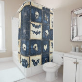 Gothic Halloween Denim Patchwork Pattern Douchegordijn (In situ)