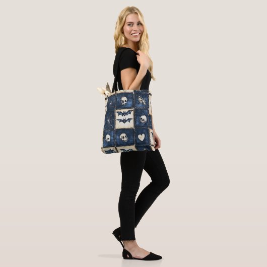 Gothic Halloween Denim Patchwork Pattern Tote Bag (Op model)