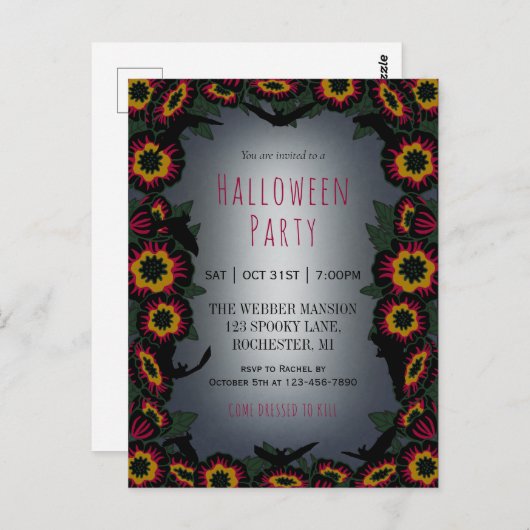 Gothic halloween partijuitnodiging met bloemen en  briefkaart (Voorkant / Achterkant)