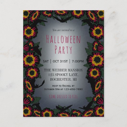 Gothic halloween partijuitnodiging met bloemen en  briefkaart (Voorkant)