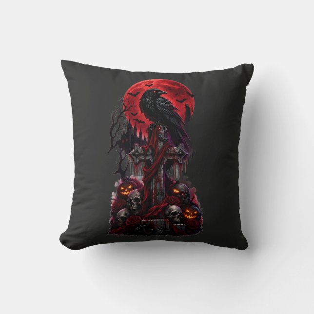 Gothic Halloween Raaf Geheime Begraafplaats Pompoe Kussen (Voorkant)