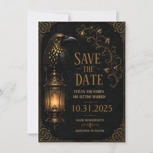Gothic Halloween Raaf Save the Date Notitiekaartje (Voorkant)