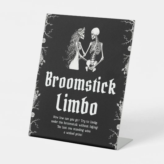 Gothic Halloween Skelet Broomstick Limbo Sign Reclamebord Met Voetstuk (Voorkant)