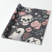 Gothic Halloween  Skull Ghost Floral Cadeaupapier (Uitgerold)