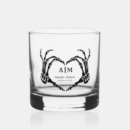 Gothic Halloween Skull Hand Heart Black Wedding Whisky Glas (Voorkant)