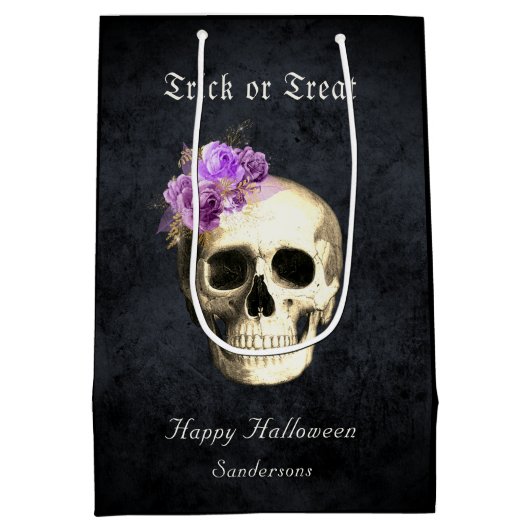 Gothic Halloween Skull Paarse Rozen Gepersonalisee Medium Cadeauzakje (Achterkant)