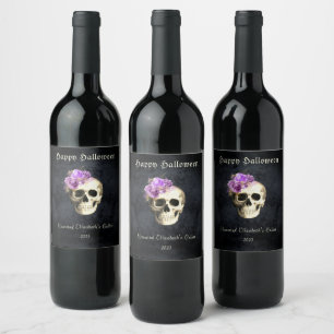 Gothic Halloween Skull Paarse Rozen Gepersonalisee Wijn Etiket