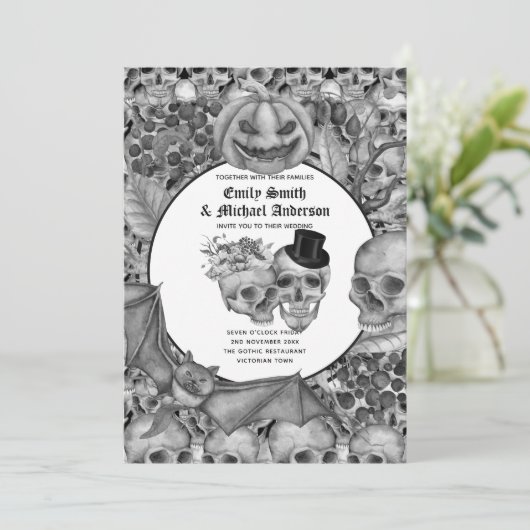 Gothic Halloween Skulls Party nodigt Black White u Kaart (Staand voorkant)