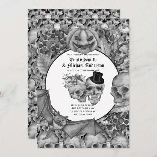 Gothic Halloween Skulls Party nodigt Black White u Kaart (Voorkant / Achterkant)