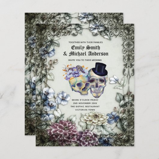 Gothic Halloween Skulls Party nodigt Waterverf uit (Voorkant / Achterkant)
