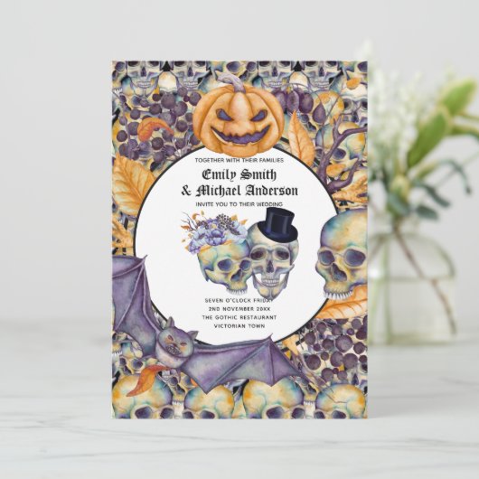 Gothic Halloween Skulls Party nodigt Waterverf uit Kaart (Staand voorkant)