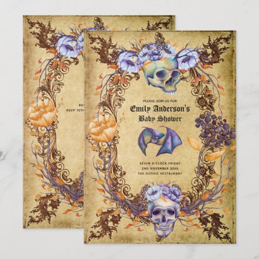 Gothic Halloween Skulls Party nodigt Waterverf uit Kaart (Voorkant / Achterkant)