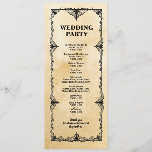 Gothic Halloween Welkom Menu Trouwceremonie (Achterkant)