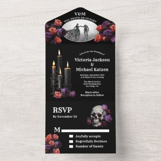 Gothic Halloween zwart bloemenbruiloft foto All In One Uitnodiging (Binnen)