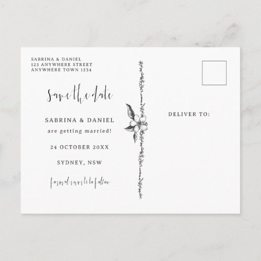 Gothic Hand draw Flowers Skull Save the date Briefkaart (Achterkant)