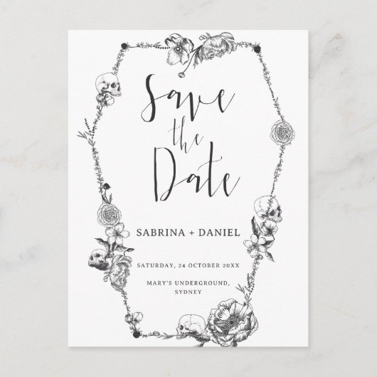 Gothic Hand draw Flowers Skull Save the date Briefkaart (Voorkant)