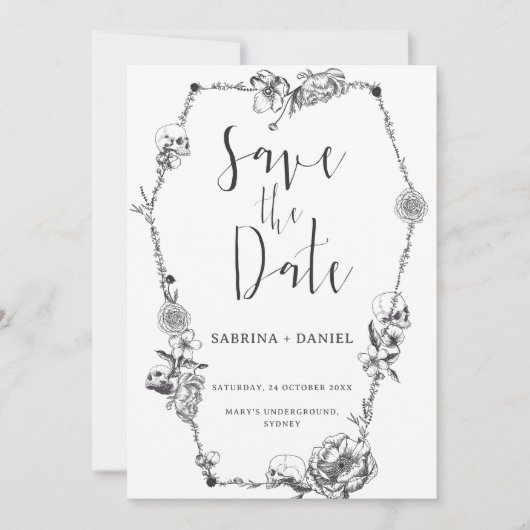 Gothic Hand draw Flowers Skull Save the date Invi Kaart (Voorkant)