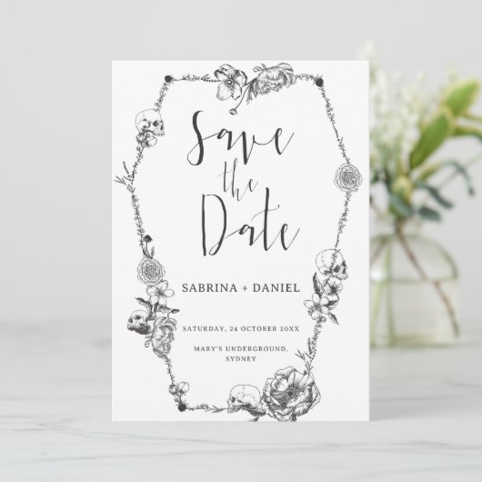 Gothic Hand draw Flowers Skull Save the date Invi Kaart (Staand voorkant)