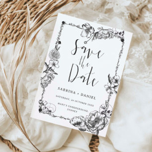 Gothic Hand draw Flowers Skull Save the date Kaart