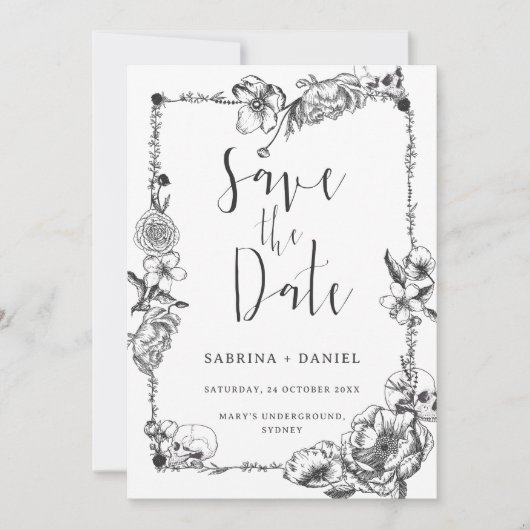 Gothic Hand draw Flowers Skull Save the date Kaart (Voorkant)
