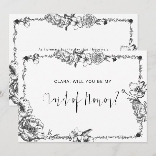 Gothic Hand getekende Flowers Skull-bridesmaidkaar Kaart (Voorkant / Achterkant)