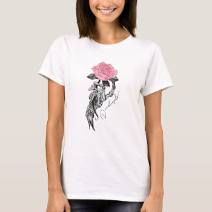 Gothic handbediende skelet met roze roze roze roze t-shirt