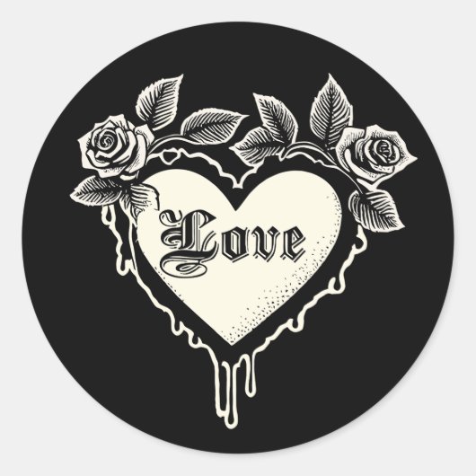 Gothic Hart met Rozen en Drips Ronde Sticker (Voorkant)