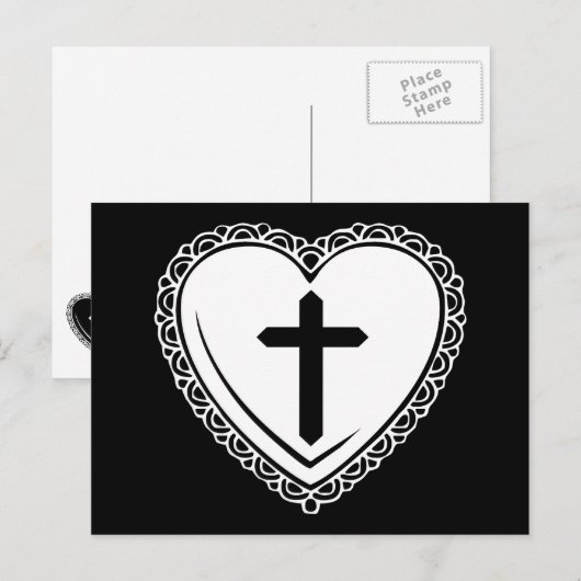 Gothic Heart & Cross Briefkaart (zwart-wit) (Voorkant / Achterkant)