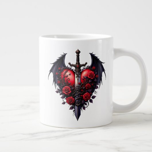 Gothic Heart with Wings, Sword and Red Roses Grote Koffiekop (Rechts)